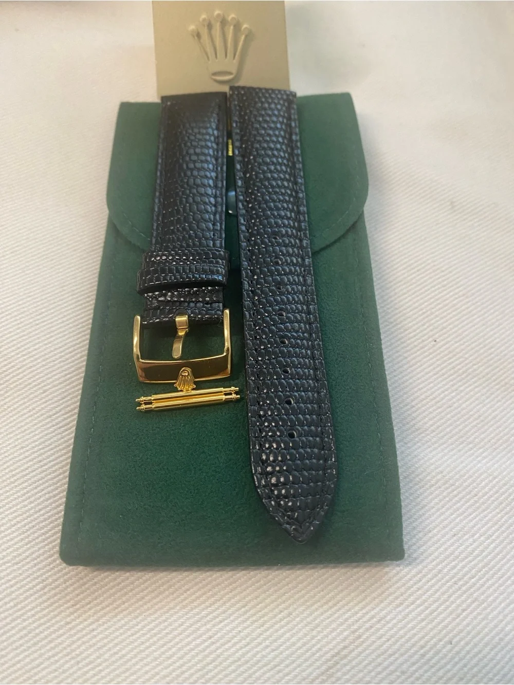 Black Lizard-Texture Leather Strap Rolex Gold Plated Buckle 19mm